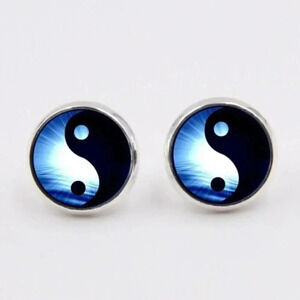 Yin Yang Zen Blue White Black Glass Cabochon Round Silver Plated Stud Earrings